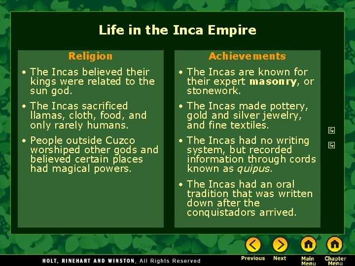 Life in the Inca Empire Religion Achievements • The Incas believed their kings were