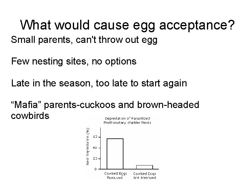What would cause egg acceptance? Small parents, can't throw out egg Few nesting sites,