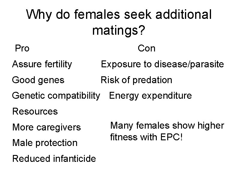 Why do females seek additional matings? Pro Con Assure fertility Exposure to disease/parasite Good