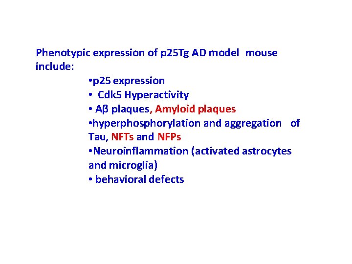 Phenotypic expression of p 25 Tg AD model mouse include: • p 25 expression