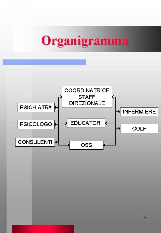 Organigramma PSICHIATRA PSICOLOGO CONSULENTI COORDINATRICE STAFF DIREZIONALE INFERMIERE EDUCATORI COLF OSS 9 