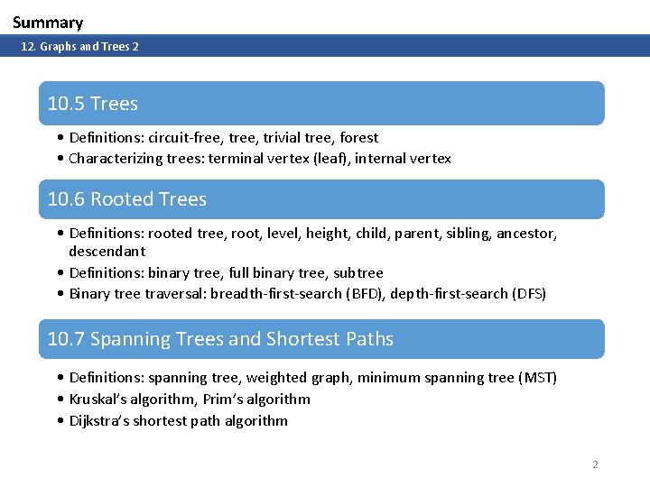 Summary 12. Graphs and Trees 2 10. 5 Trees • Definitions: circuit-free, trivial tree,