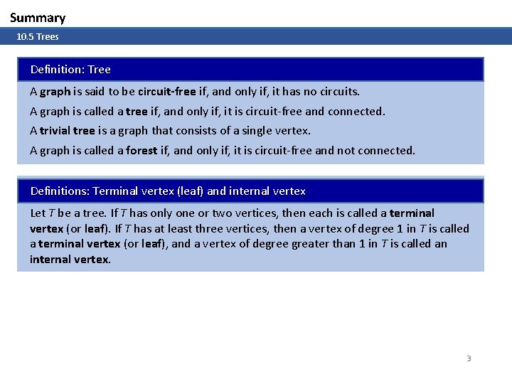 Summary 10. 5 Trees Definition: Tree A graph is said to be circuit-free if,