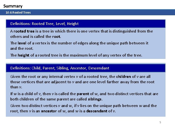 Summary 10. 6 Rooted Trees Definitions: Rooted Tree, Level, Height A rooted tree is