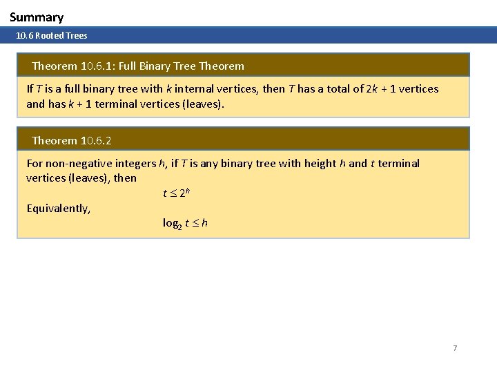 Summary 10. 6 Rooted Trees Theorem 10. 6. 1: Full Binary Tree Theorem If