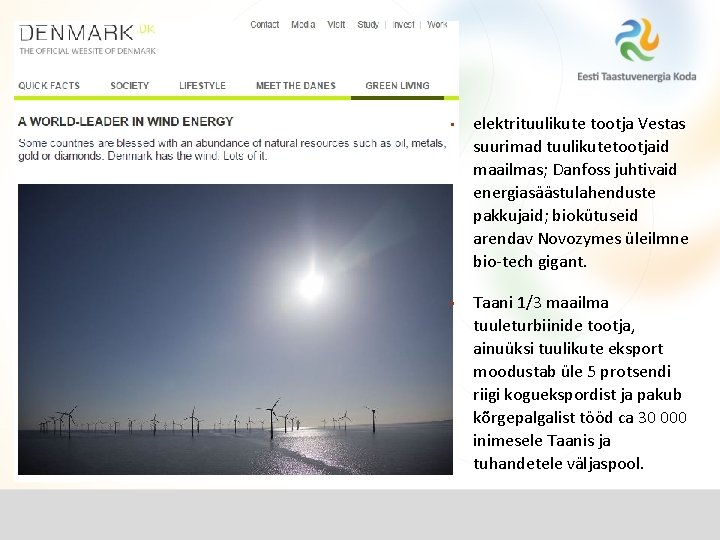  • • elektrituulikute tootja Vestas suurimad tuulikutetootjaid maailmas; Danfoss juhtivaid energiasäästulahenduste pakkujaid; biokütuseid