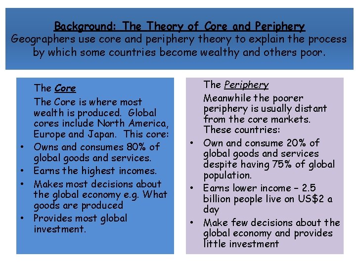 Background: Theory of Core and Periphery Geographers use core and periphery theory to explain