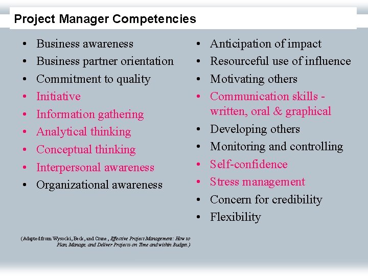 Project Manager Competencies • • • Business awareness Business partner orientation Commitment to quality