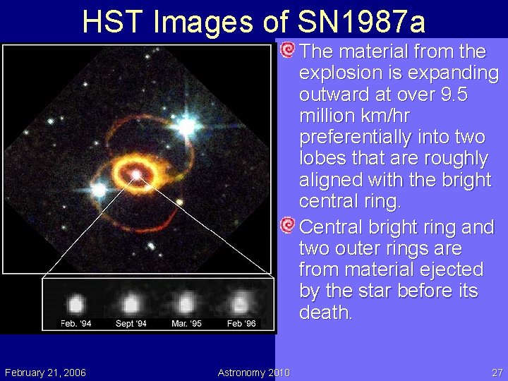 HST Images of SN 1987 a The material from the explosion is expanding outward