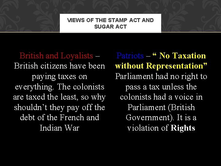 VIEWS OF THE STAMP ACT AND SUGAR ACT British and Loyalists – British citizens VIEWS OF THE STAMP ACT AND SUGAR ACT British and Loyalists – British citizens