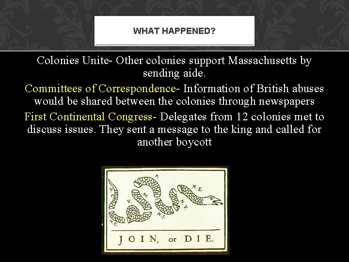 WHAT HAPPENED? Colonies Unite- Other colonies support Massachusetts by sending aide. Committees of Correspondence- WHAT HAPPENED? Colonies Unite- Other colonies support Massachusetts by sending aide. Committees of Correspondence-