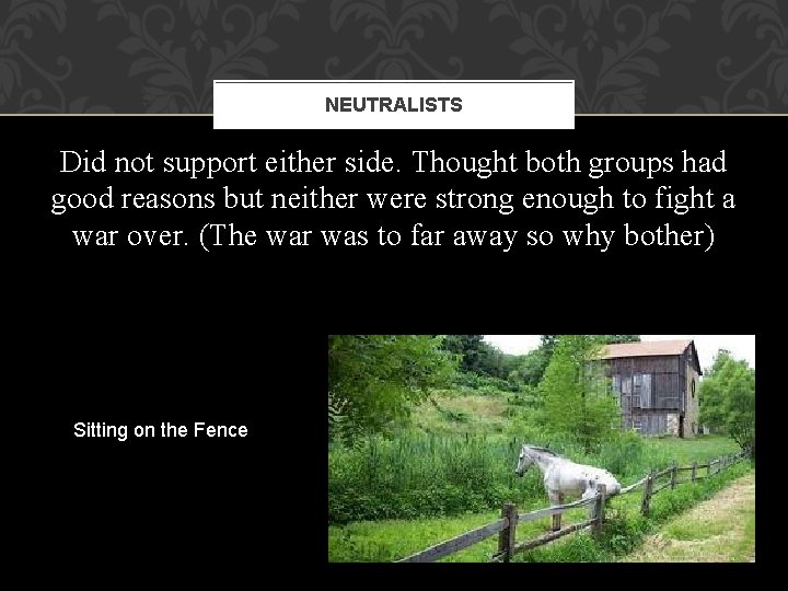 NEUTRALISTS Did not support either side. Thought both groups had good reasons but neither NEUTRALISTS Did not support either side. Thought both groups had good reasons but neither