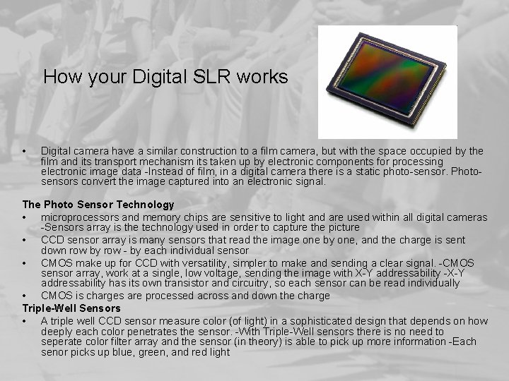 How your Digital SLR works • Digital camera have a similar construction to a