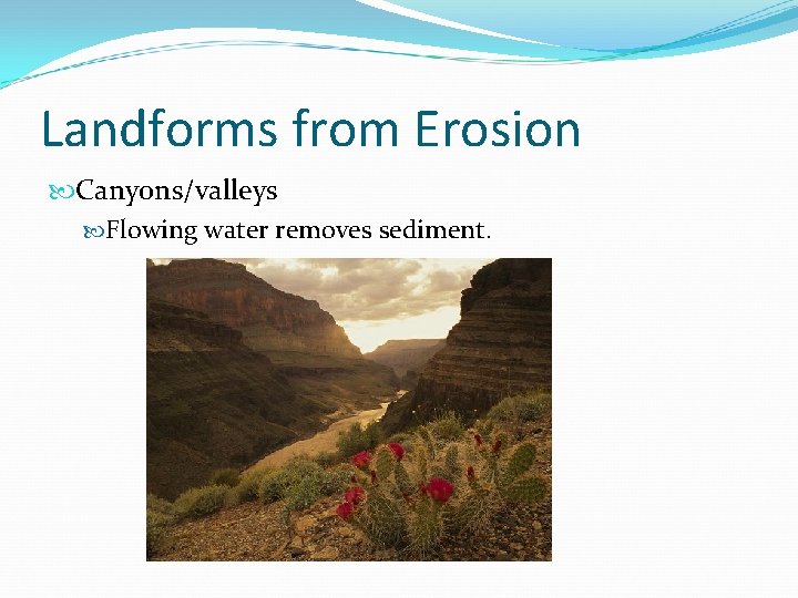 Landforms from Erosion Canyons/valleys Flowing water removes sediment. 