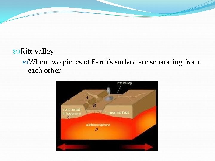  Rift valley When two pieces of Earth’s surface are separating from each other.