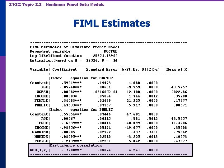 21/33: Topic 2. 2 – Nonlinear Panel Data Models FIML Estimates -----------------------------------FIML Estimates of 21/33: Topic 2. 2 – Nonlinear Panel Data Models FIML Estimates -----------------------------------FIML Estimates of