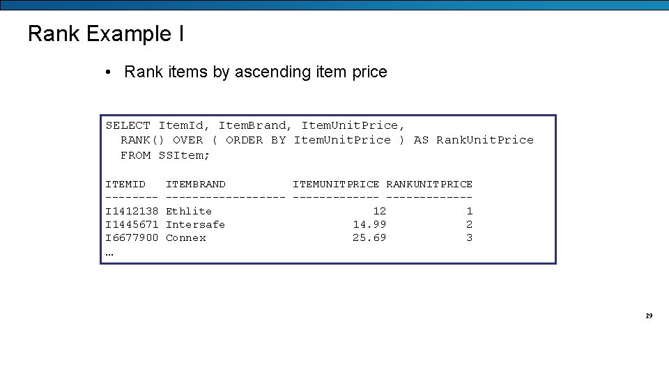 Rank Example I • Rank items by ascending item price SELECT Item. Id, Item.