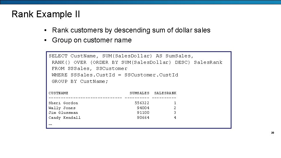 Rank Example II • Rank customers by descending sum of dollar sales • Group