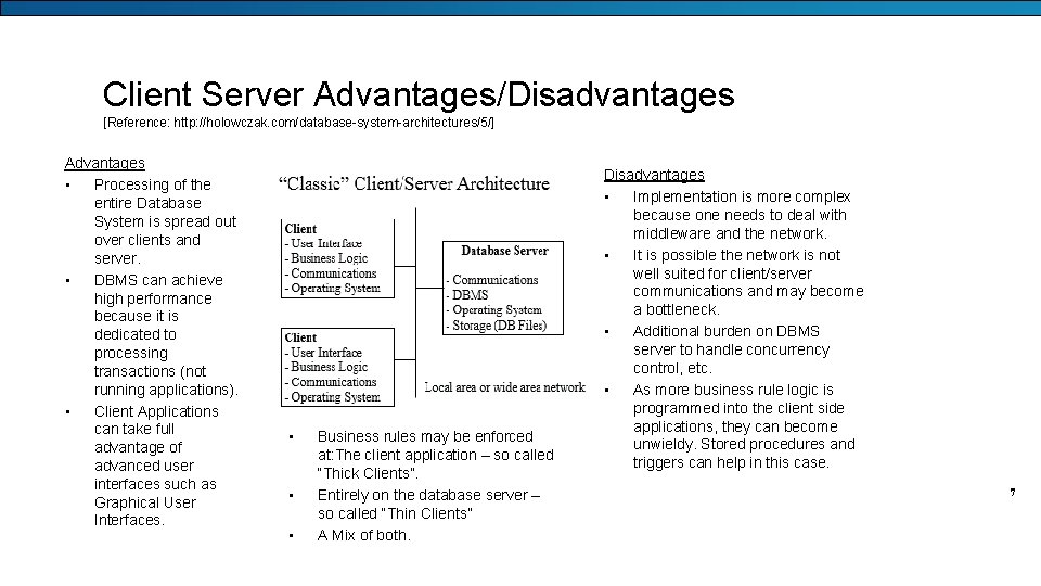 Client Server Advantages/Disadvantages [Reference: http: //holowczak. com/database-system-architectures/5/] Advantages • Processing of the entire Database