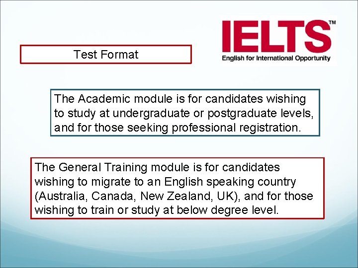 Test Format The Academic module is for candidates wishing to study at undergraduate or