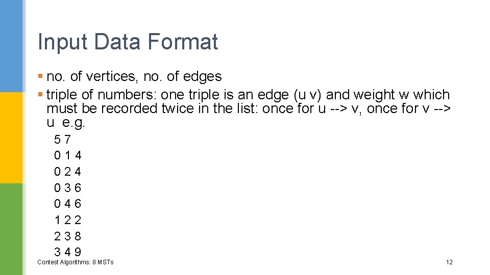 Input Data Format § no. of vertices, no. of edges § triple of numbers: