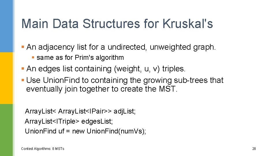 Main Data Structures for Kruskal's § An adjacency list for a undirected, unweighted graph.
