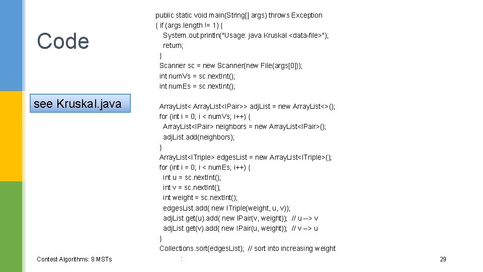 Code see Kruskal. java Contest Algorithms: 8 MSTs public static void main(String[] args) throws