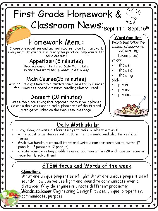 First Grade Homework Classroom News Sept 11 Homework