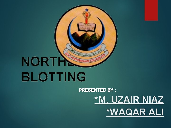 NORTHERN BLOTTING PRESENTED BY : *M. UZAIR NIAZ *WAQAR ALI 