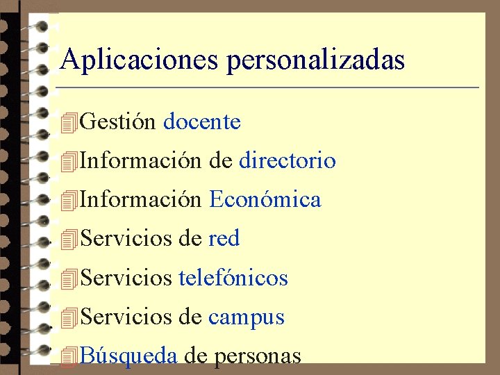 Aplicaciones personalizadas 4 Gestión docente 4 Información de directorio 4 Información Económica 4 Servicios