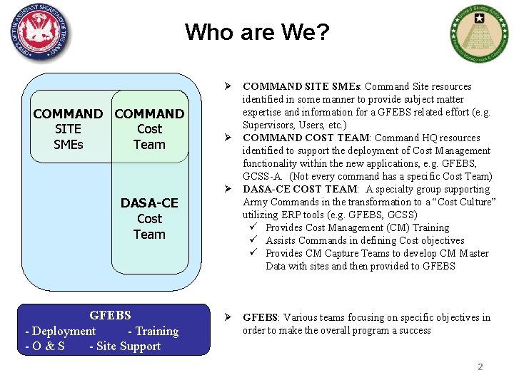 Who are We? COMMAND SITE Cost SMEs Team DASA-CE Cost Team GFEBS - Deployment