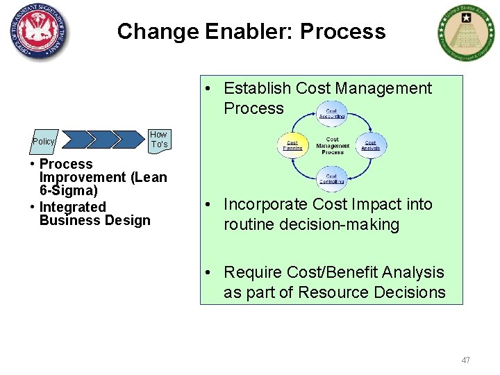 Change Enabler: Process • Establish Cost Management Process Policy How To’s • Process Improvement