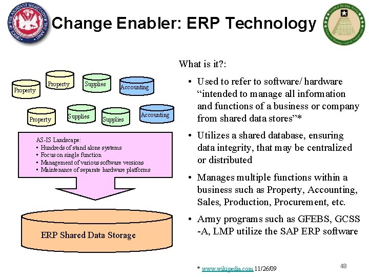 Change Enabler: ERP Technology What is it? : Property Supplies Accounting AS-IS Landscape: •