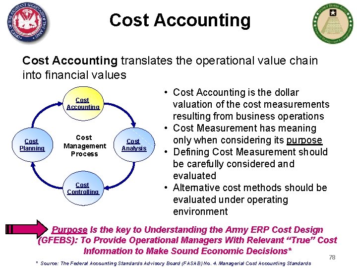 Cost Accounting translates the operational value chain into financial values Cost Accounting Cost Planning