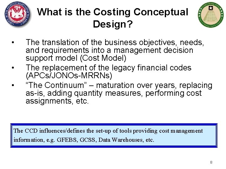 What is the Costing Conceptual Design? • • • The translation of the business