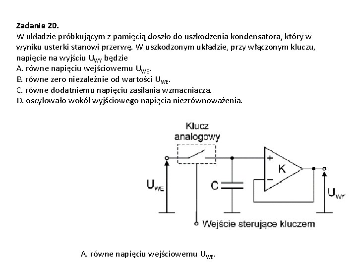 Zadanie 20. W układzie próbkującym z pamięcią doszło do uszkodzenia kondensatora, który w wyniku