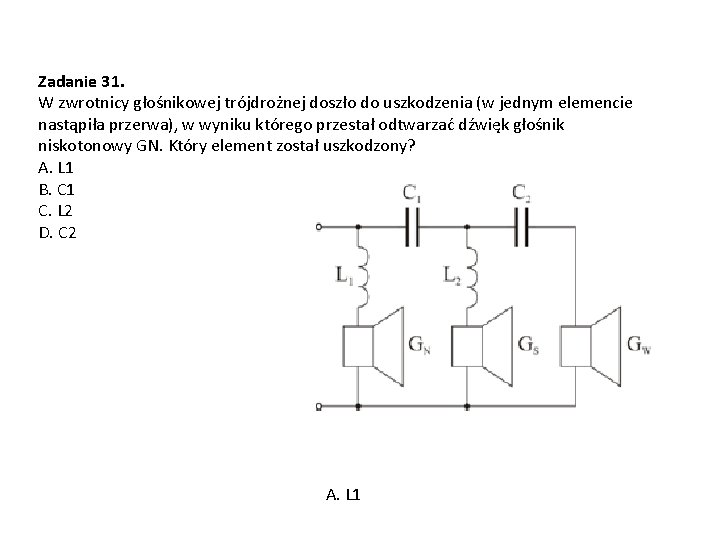 Zadanie 31. W zwrotnicy głośnikowej trójdrożnej doszło do uszkodzenia (w jednym elemencie nastąpiła przerwa),