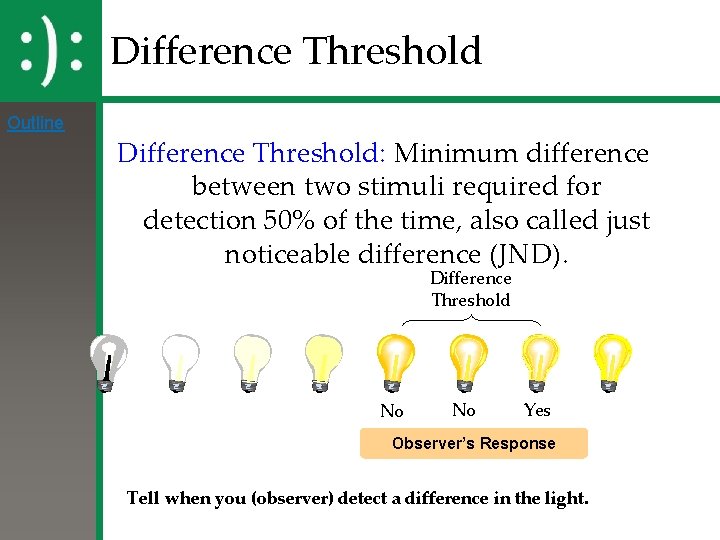 Difference Threshold Outline Difference Threshold: Minimum difference between two stimuli required for detection 50% Difference Threshold Outline Difference Threshold: Minimum difference between two stimuli required for detection 50%