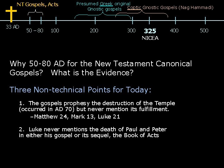 NT Gospels, Acts 33 AD 50 – 80 100 Presumed Greek original Gnostic gospels