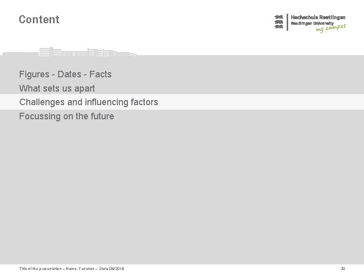 Content Figures - Dates - Facts What sets us apart Challenges and influencing factors