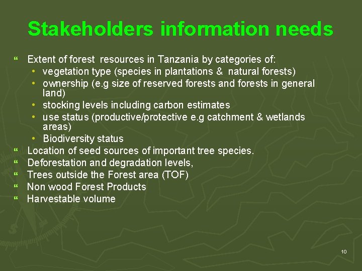 Stakeholders information needs } } } Extent of forest resources in Tanzania by categories