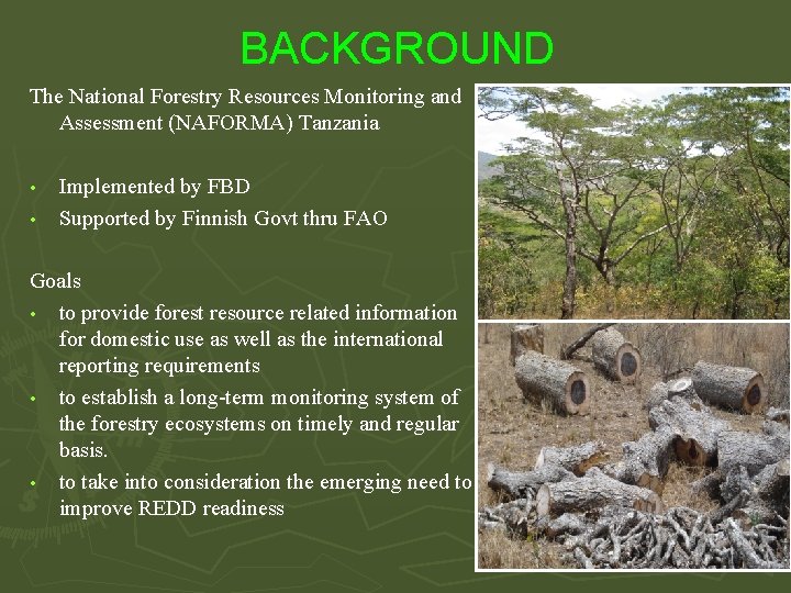 BACKGROUND The National Forestry Resources Monitoring and Assessment (NAFORMA) Tanzania • • Implemented by