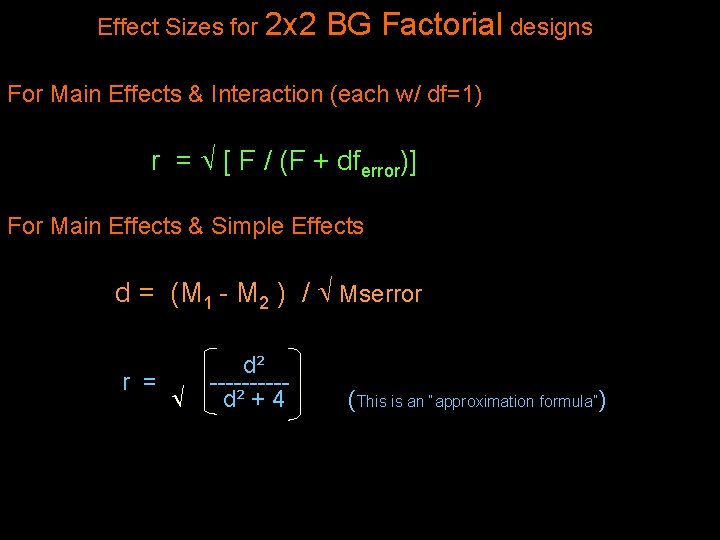 Effect Sizes for 2 x 2 BG Factorial designs For Main Effects & Interaction