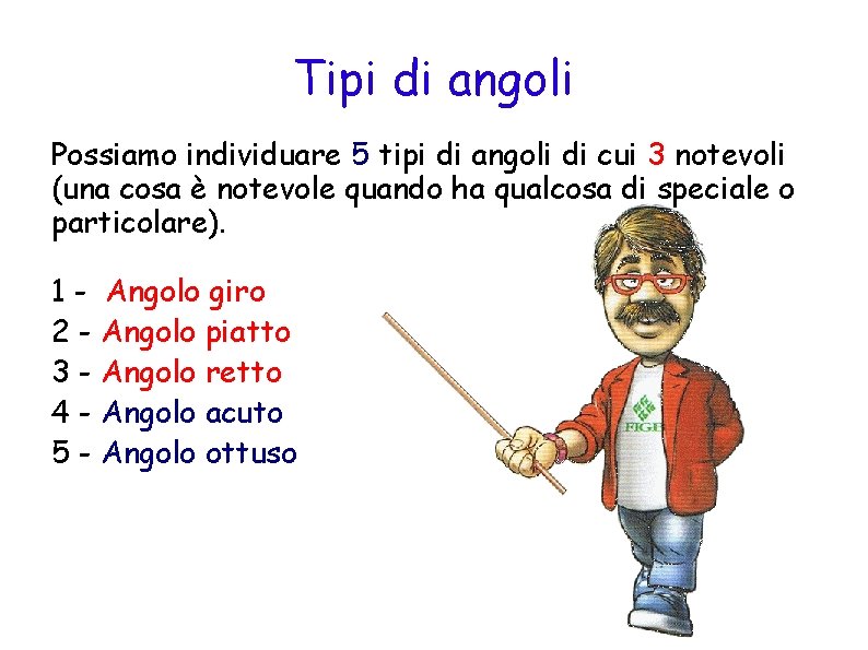 Tipi di angoli Possiamo individuare 5 tipi di angoli di cui 3 notevoli (una