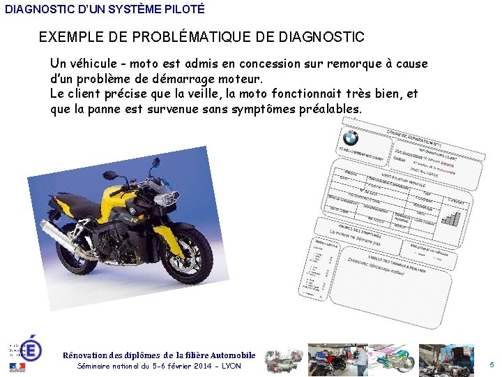 DIAGNOSTIC D’UN SYSTÈME PILOTÉ EXEMPLE DE PROBLÉMATIQUE DE DIAGNOSTIC Un véhicule - moto est