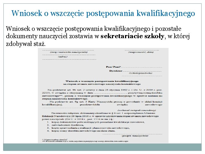 Wniosek o wszczęcie postępowania kwalifikacyjnego i pozostałe dokumenty nauczyciel zostawia w sekretariacie szkoły, w