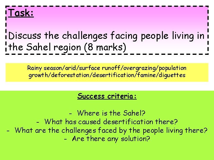 Task: Discuss the challenges facing people living in the Sahel region (8 marks) Rainy