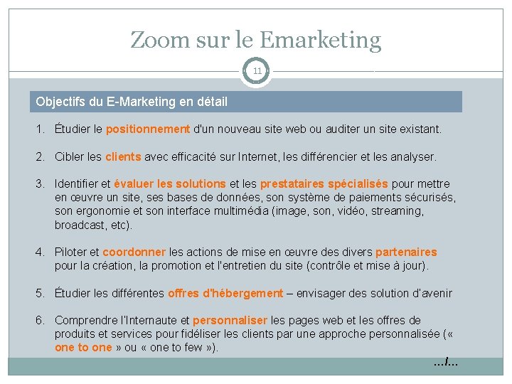 Zoom sur le Emarketing 11 Objectifs du E-Marketing en détail 1. Étudier le positionnement