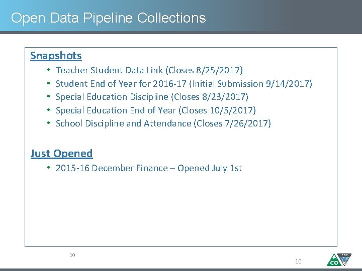 Open Data Pipeline Collections Snapshots • • • Teacher Student Data Link (Closes 8/25/2017)