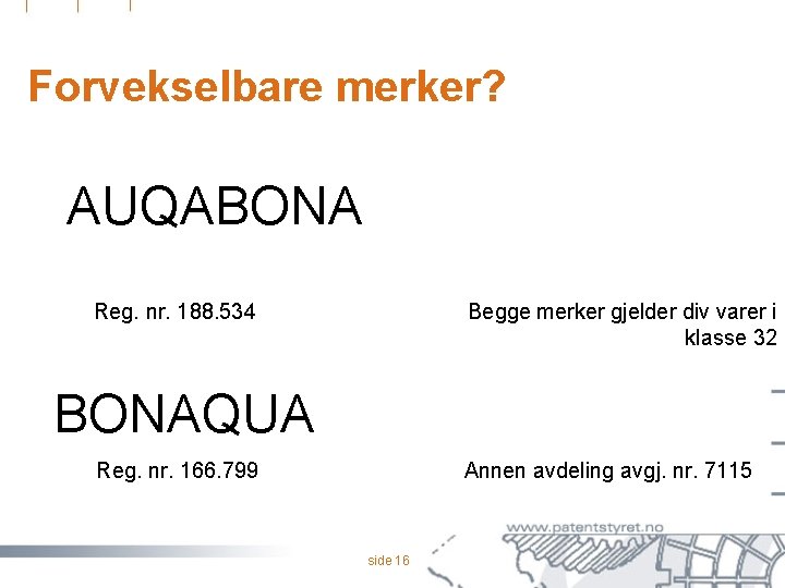 Forvekselbare merker? AUQABONA Reg. nr. 188. 534 Begge merker gjelder div varer i klasse